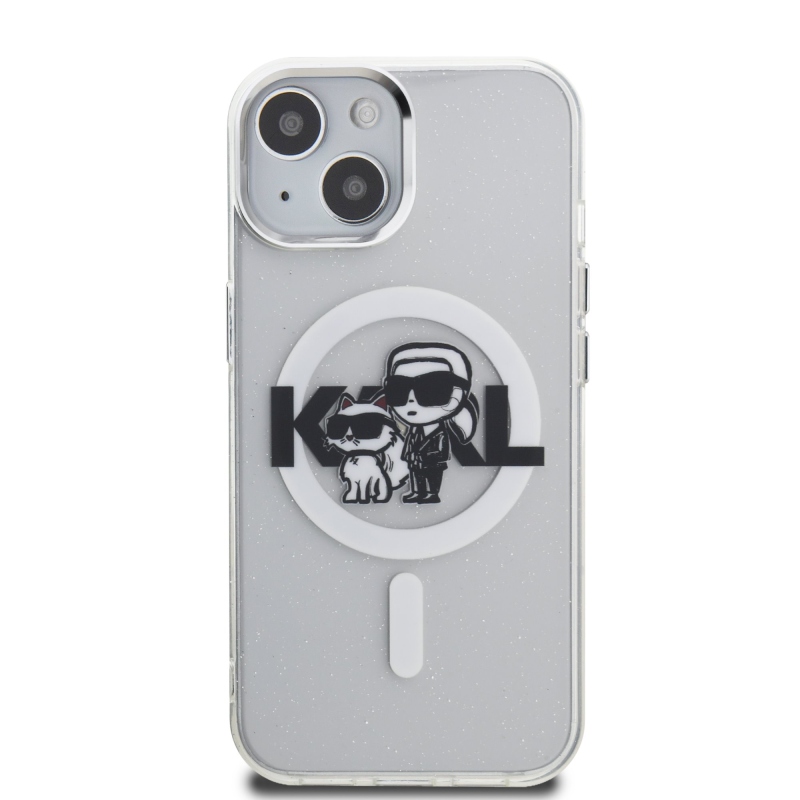 Karl Lagerfeld IML Glitter Karl és Choupette Sketch MagSafe hátlap iPhone 15-hez Átlátszó
