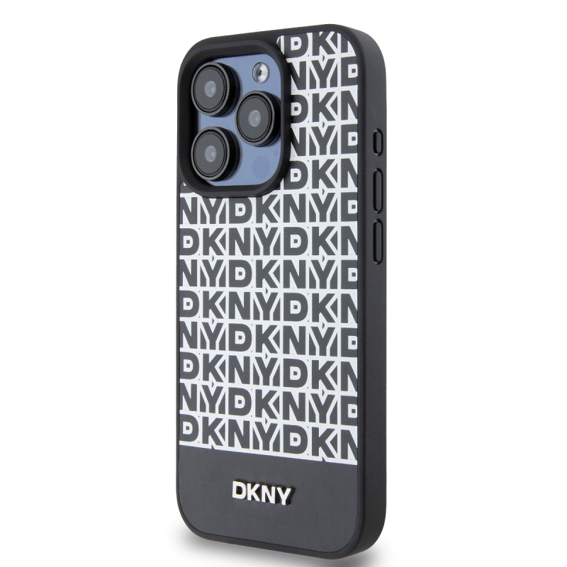 DKNY PU bőr ismétlődő mintás alsó csíkos MagSafe hátlap iPhone 12/12 Pro Fekete