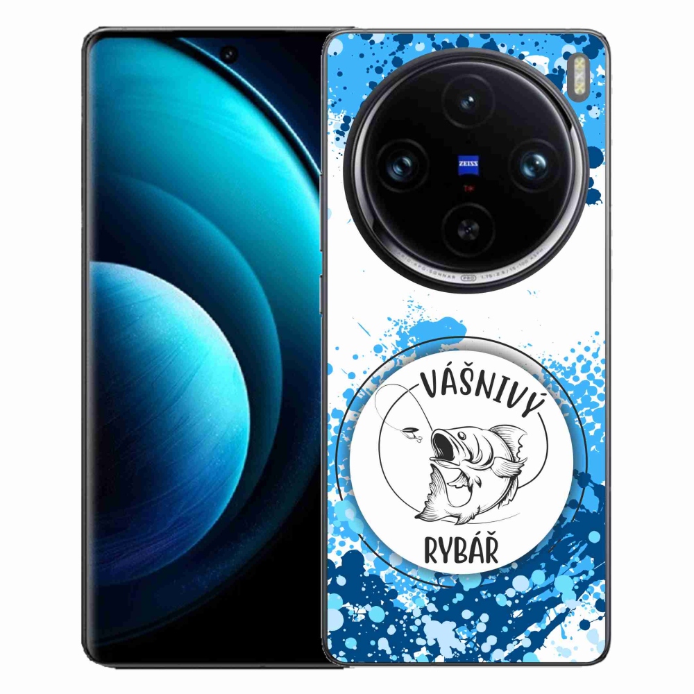 Zselés borítás mmCase a Vivo X100 Pro 5G-n - szenvedélyes halász fehér háttérrel