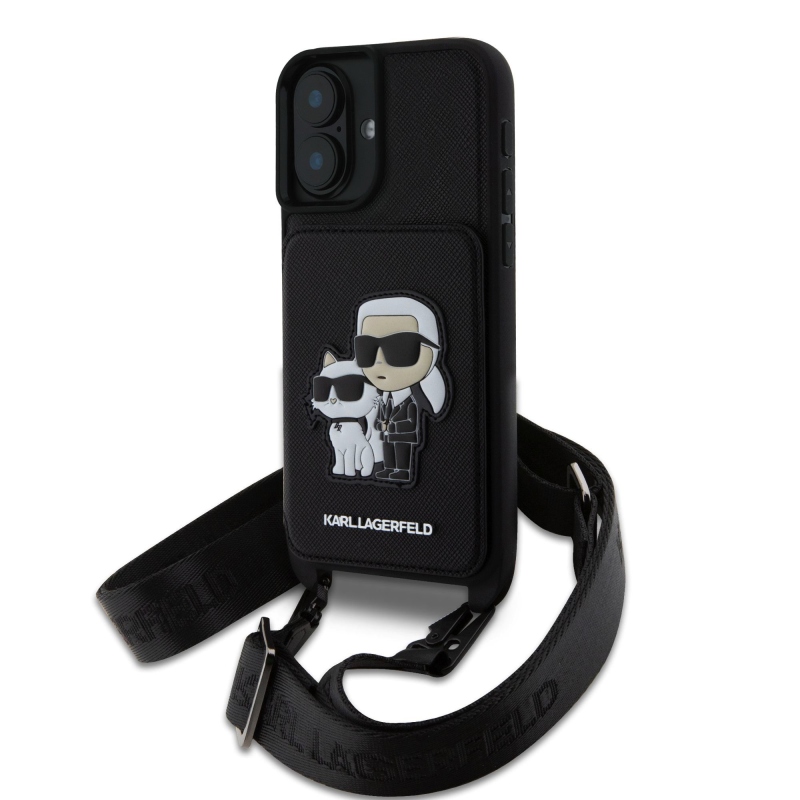 Karl Lagerfeld Saffiano Crossbody Strap Karl és Choupette borító iPhone 16-hoz Fekete