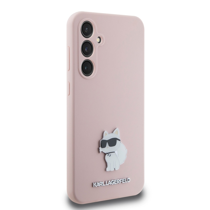 Karl Lagerfeld Folyékony szilikon fém Choupette hátlap Samsung Galaxy S23 FE rózsaszínű hátlaphoz