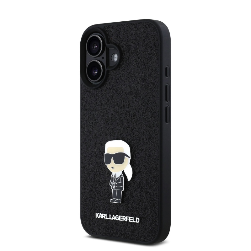 Karl Lagerfeld fix csillogó fém Ikonik hátlap iPhone 16-hoz Fekete