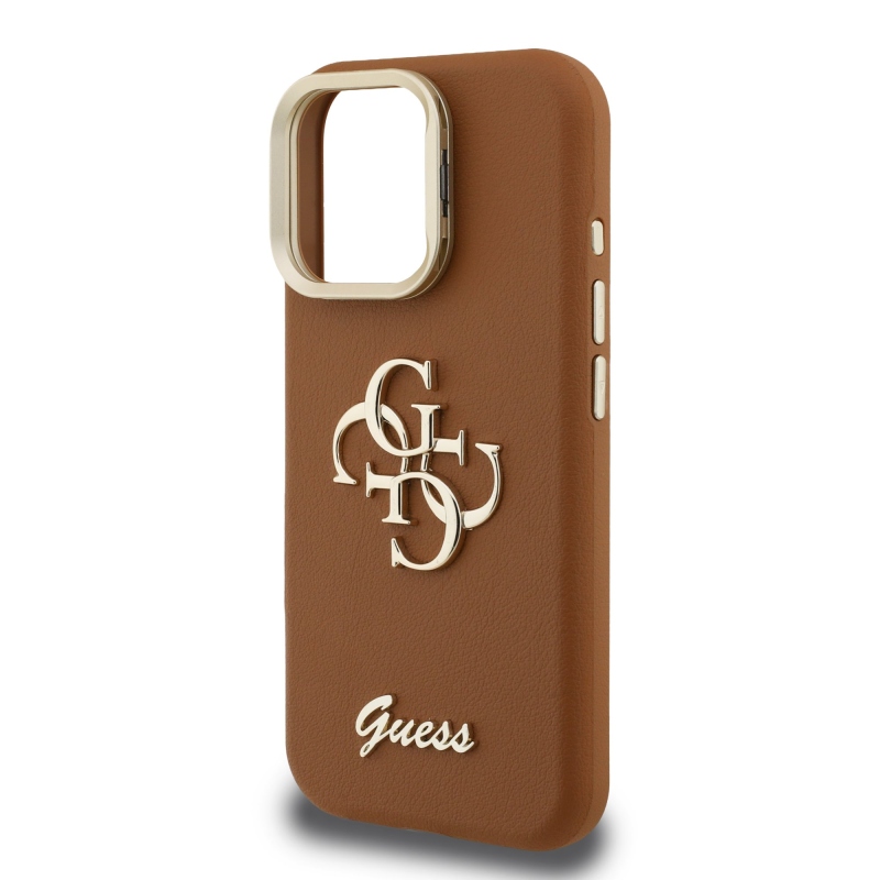 Guess PU szemcsés 4G Logo Stand Kamera keret hátlapi borító iPhone 15 Pro barna barna