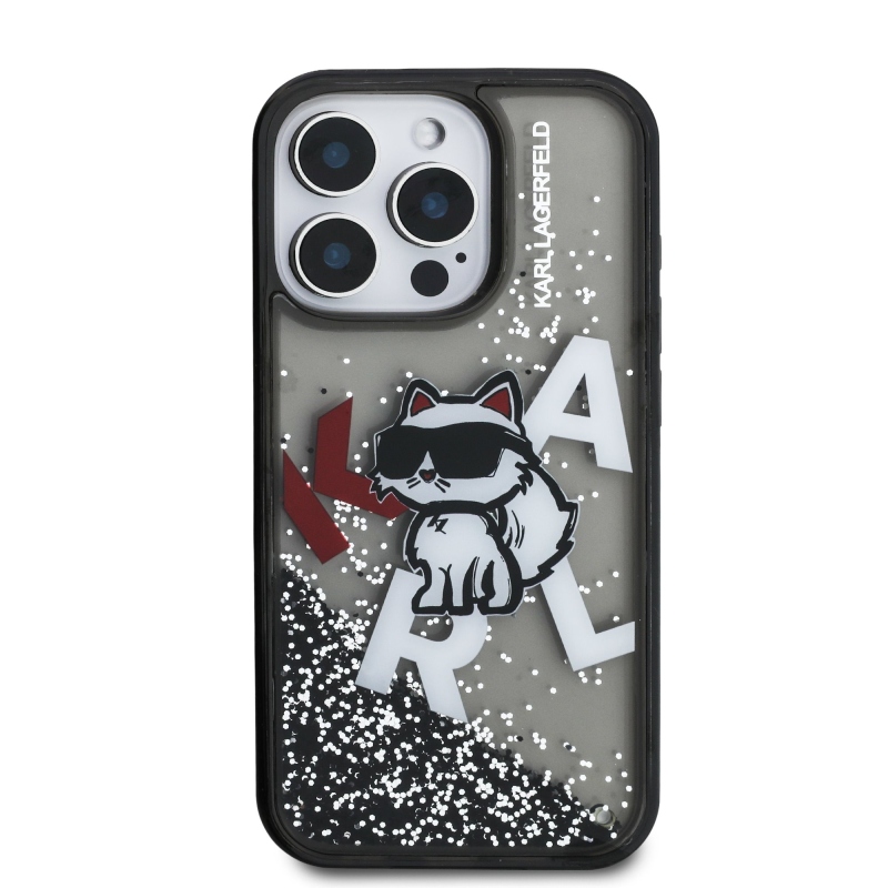 Karl Lagerfeld Folyékony csillámos, szórt csillogású Choupette hátlap iPhone 16 Pro Max-hoz Fekete