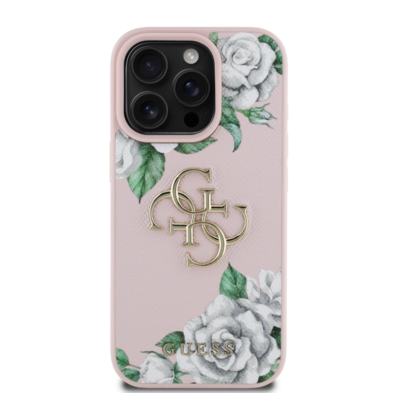 Guess PU szemcsés rózsák 4G fém logó hátlap iPhone 16 Pro rózsaszínhez