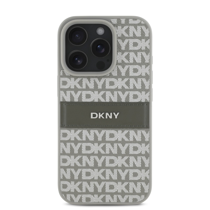 DKNY PU bőr ismétlődő mintás tonális csíkos hátlap iPhone 16 Pro Max bézs színű borítóhoz