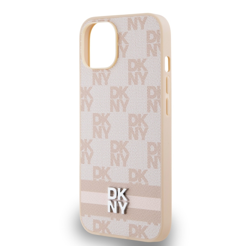 DKNY PU bőr kockás mintás és csíkos hátlapi borító iPhone 14 rózsaszínhez