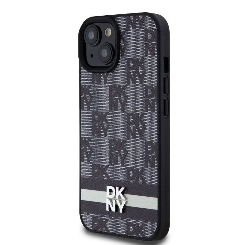 DKNY PU bőr kockás mintás és csíkos hátlapi borító iPhone 15-hez Fekete