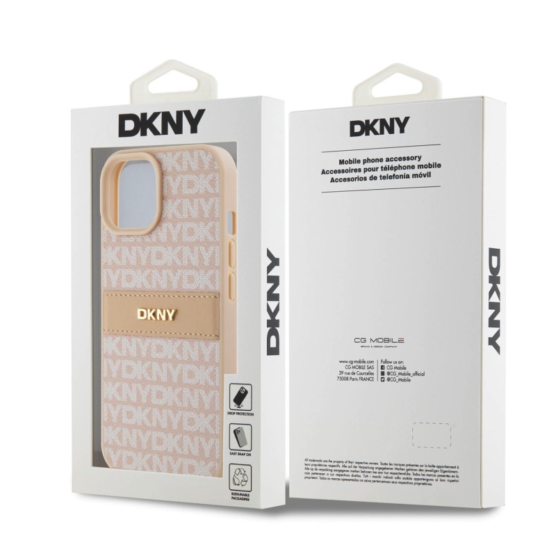 DKNY PU bőr ismétlődő mintás tonális csíkos hátlap iPhone 15 rózsaszínhez