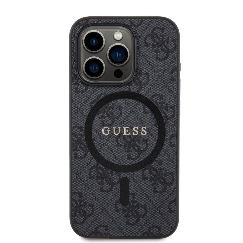 Guess PU bőr 4G színes gyűrűs MagSafe hátlap iPhone 15 Pro Fekete