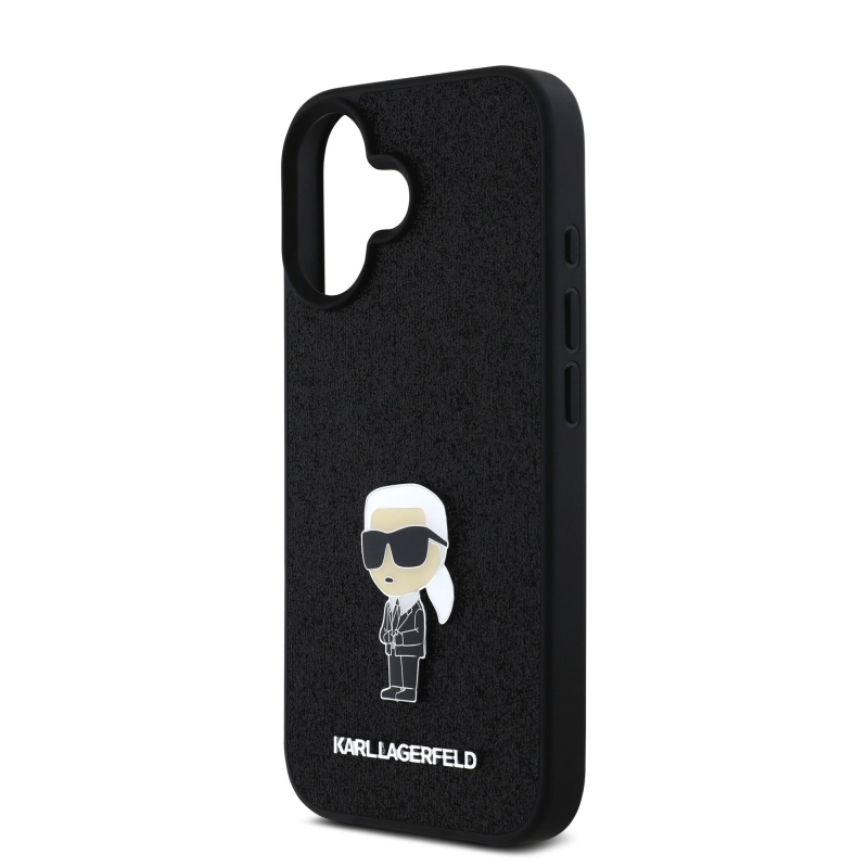 Karl Lagerfeld fix csillogó fém Ikonik hátlap iPhone 16-hoz Fekete