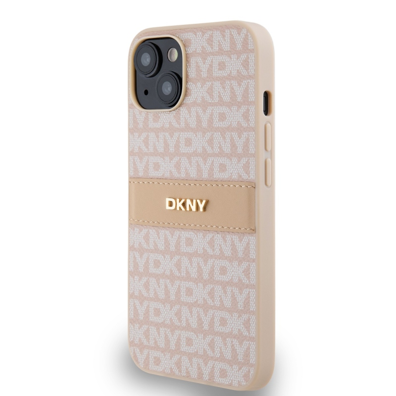 DKNY PU bőr ismétlődő mintás tonális csíkos hátlap iPhone 14 rózsaszínű iPhone 14-re