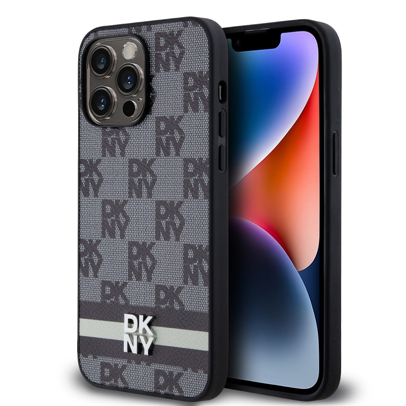 DKNY PU bőr kockás mintás és csíkos hátlapi borító iPhone 15 Pro Max-hoz Fekete