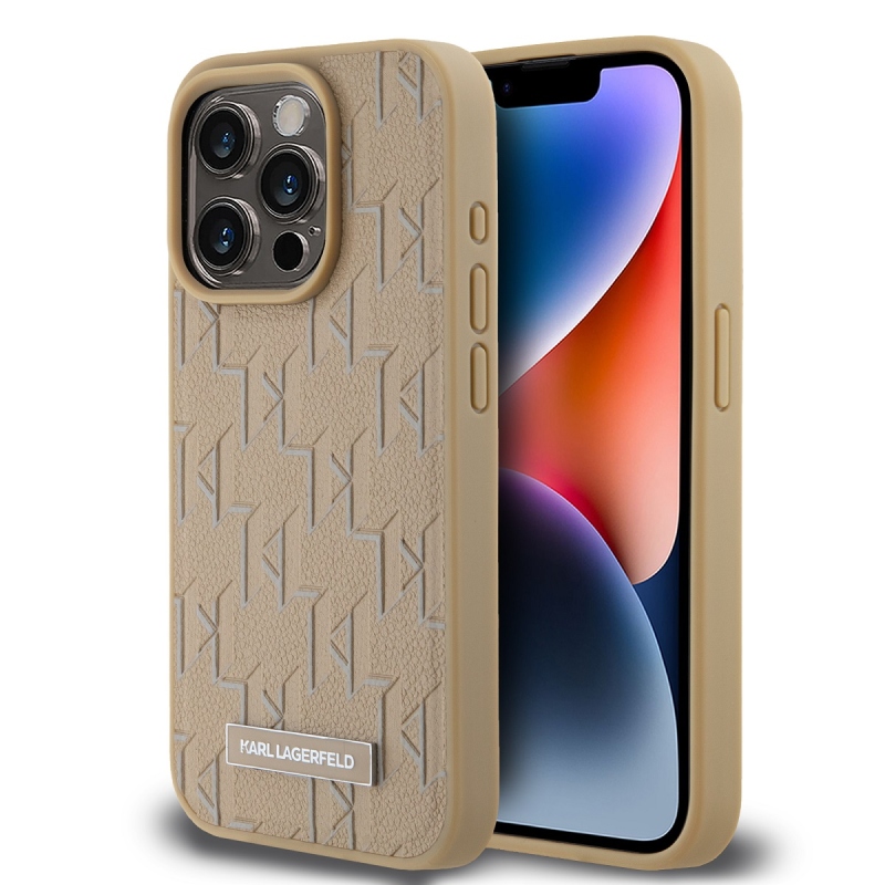 Karl Lagerfeld PU bőr monogram fém logó MagSafe hátlap iPhone 14 Pro Max bézs színű borítóhoz
