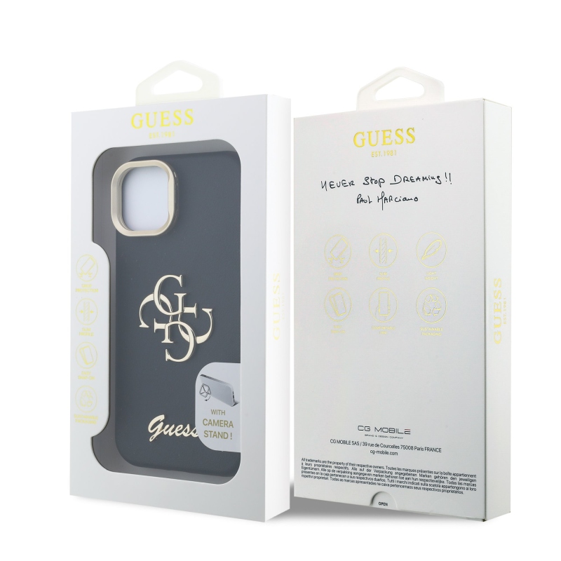 Guess PU szemcsés 4G Logo Stand Kamera keret hátlapi borító iPhone 14 Fekete
