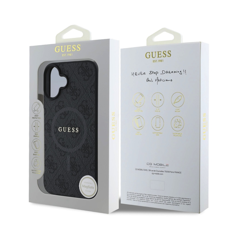 Guess PU bőr 4G színes gyűrűs MagSafe hátlap iPhone 16-hoz Fekete