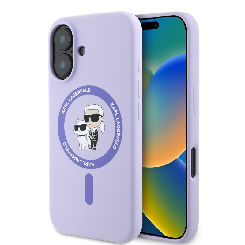 Karl Lagerfeld folyékony szilikon Karl és Choupette MagSafe hátlap iPhone 16 lila iPhone 16-hoz