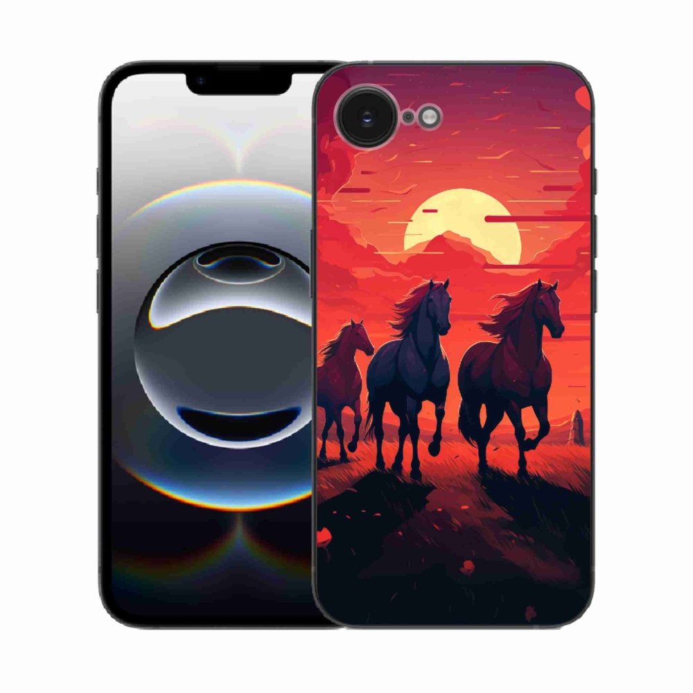 Gél borítás mmCase iPhone 16e készülékhez - lovak és naplemente