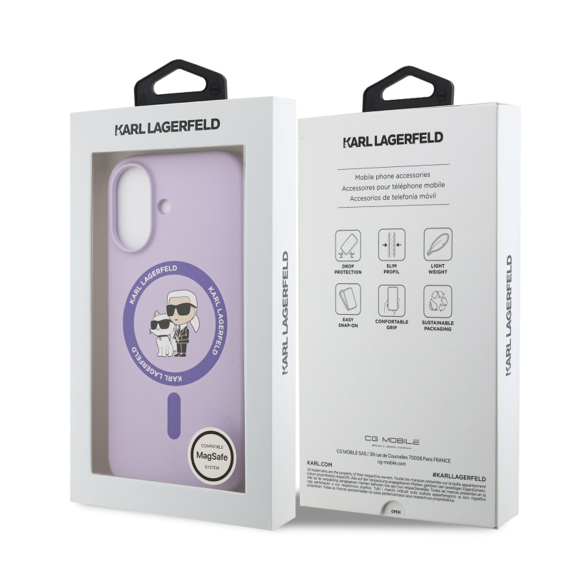 Karl Lagerfeld folyékony szilikon Karl és Choupette MagSafe hátlapi borító iPhone 17 lilára