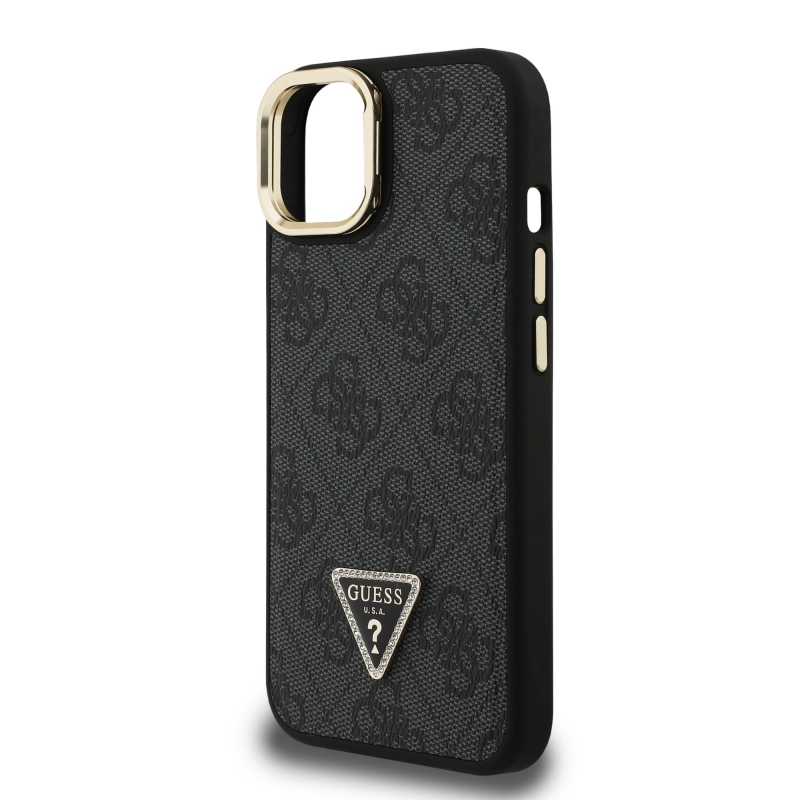 Guess PU 4G Strass háromszög logó állvány kamerakeret MagSafe hátlapi borító iPhone 15 Fekete