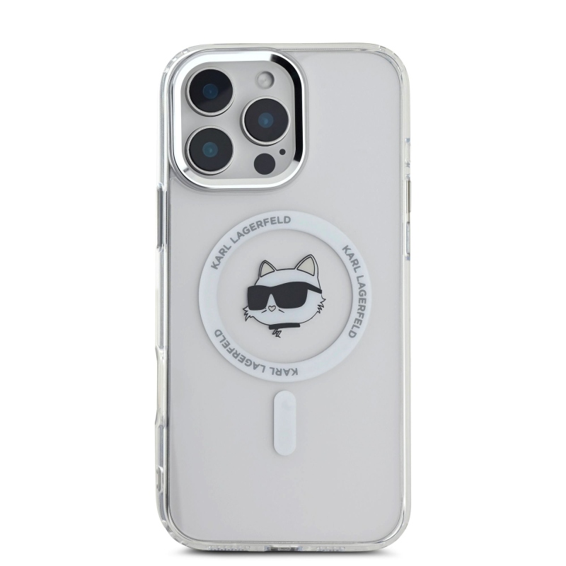 Karl Lagerfeld IML Choupette Head fémkeret MagSafe hátlapi borító iPhone 16 Pro Max-hoz Átlátszó