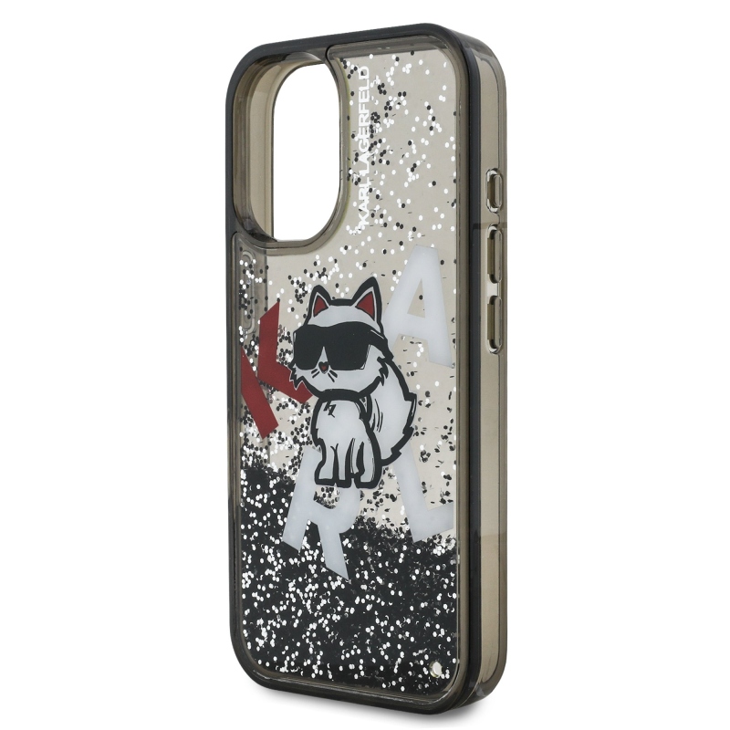 Karl Lagerfeld Folyékony csillámporos, szétszórt Choupette hátlap iPhone 16-hoz Fekete