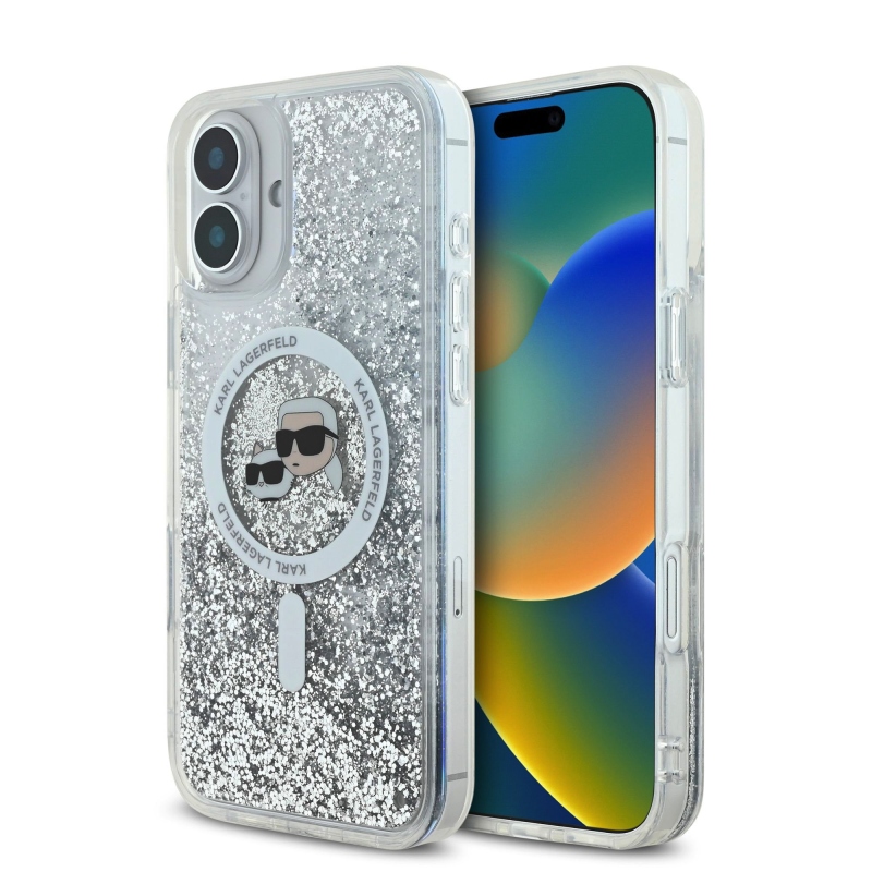Karl Lagerfeld Folyékony csillogó Karl és Choupette fejek MagSafe hátlap iPhone 16-hoz Átlátszó