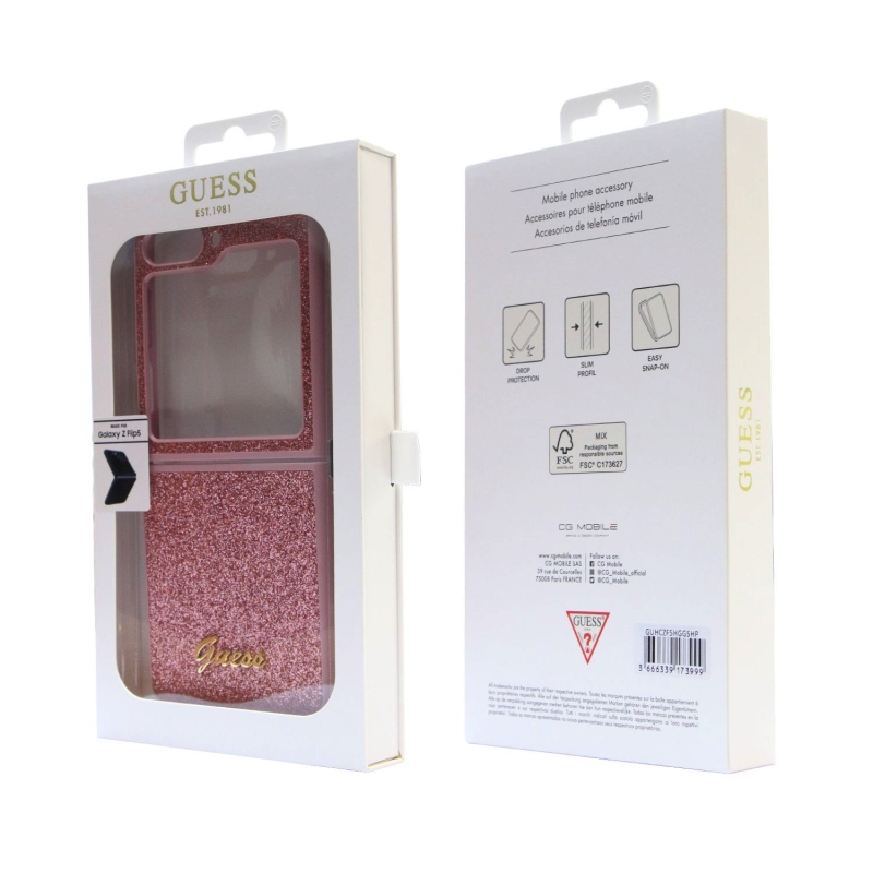 Guess PC/TPU Glitter Flakes Metal Logo hátlap Samsung Galaxy Z Flip 5 rózsaszínű borítóhoz