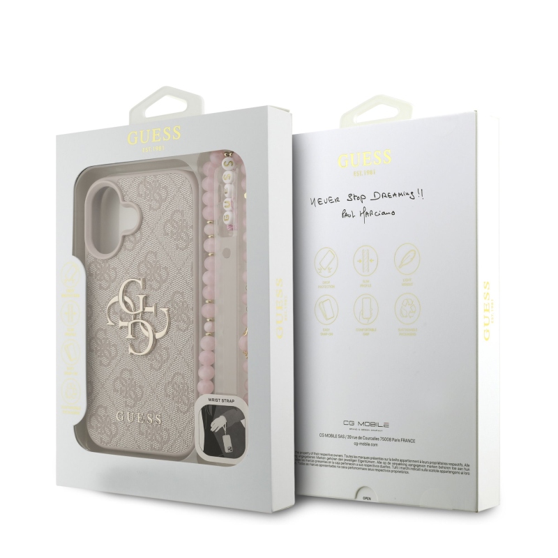Guess PU 4G fém logós fémszalag hátlap iPhone 16 rózsaszínhez