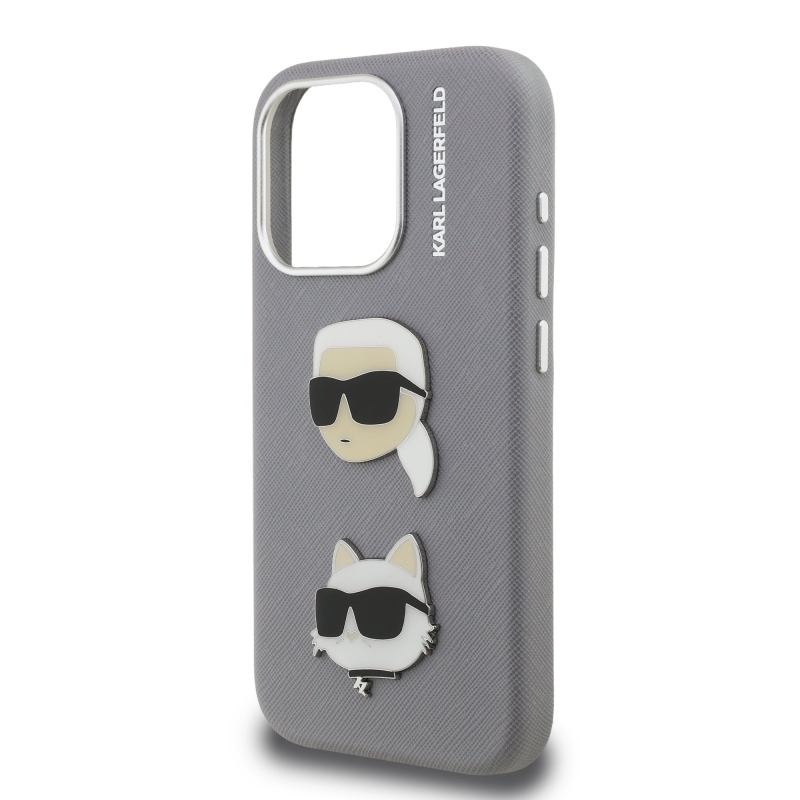 Karl Lagerfeld szemcsés PU K&CH Heads hátlap iPhone 15 Pro Max szürke