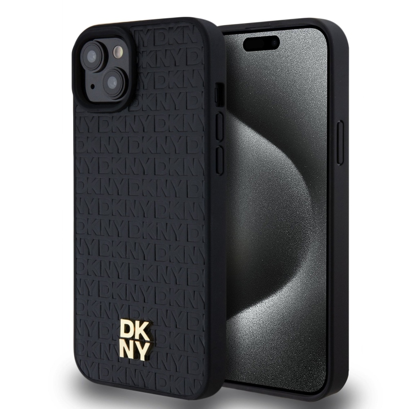 DKNY PU bőr Ismétlődő mintás Stack Logo Magsafe hátlap iPhone 15 Plus-hoz Fekete