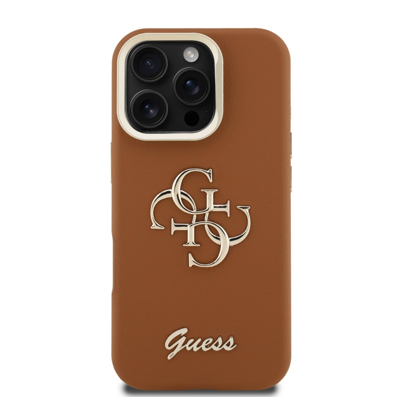 Guess PU szemcsés 4G logós állvány kamerakeret hátlap iPhone 16 Pro Max-hoz barna barna