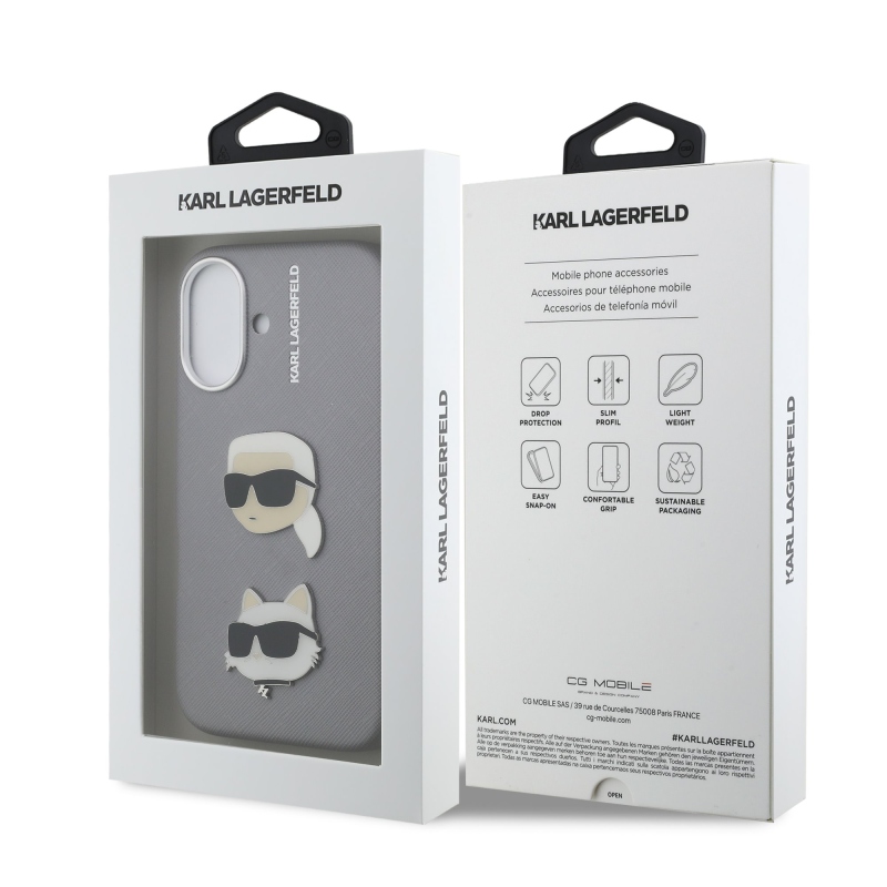 Karl Lagerfeld szemcsés PU K&CH Heads hátlap iPhone 16 szürke készülékhez