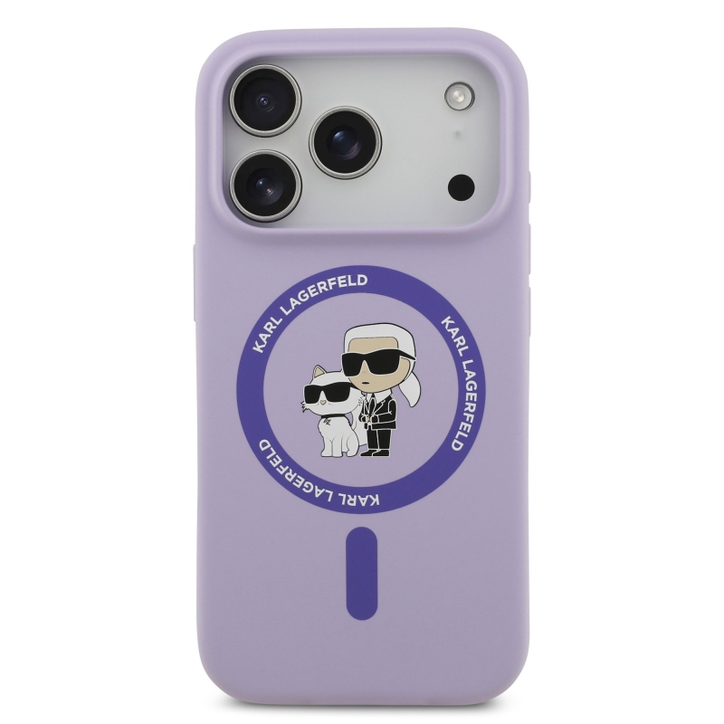 Karl Lagerfeld folyékony szilikon Karl és Choupette MagSafe hátlapi borító iPhone 17 Pro lilához