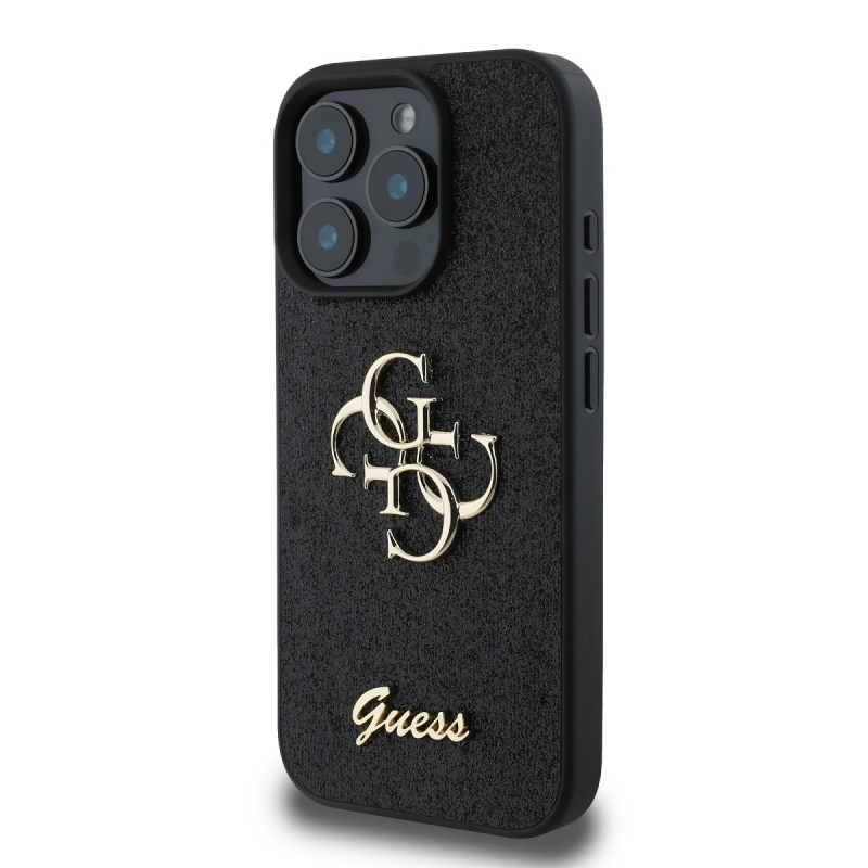 Guess PU Fixed Glitter 4G fém logó hátlap iPhone 16 Pro Fekete