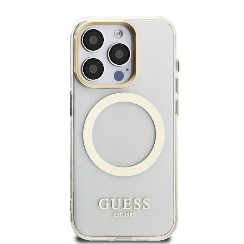 Guess IML Gold Outline Stand Kamera keret MagSafe hátlapi borító iPhone 15 Pro átlátszóhoz