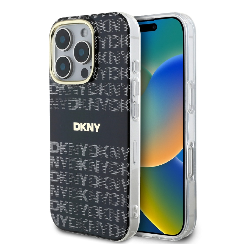 DKNY PC/TPU ismétlődő mintás tonális csíkos Magsafe hátlap iPhone 16 Pro fekete színű borítóhoz