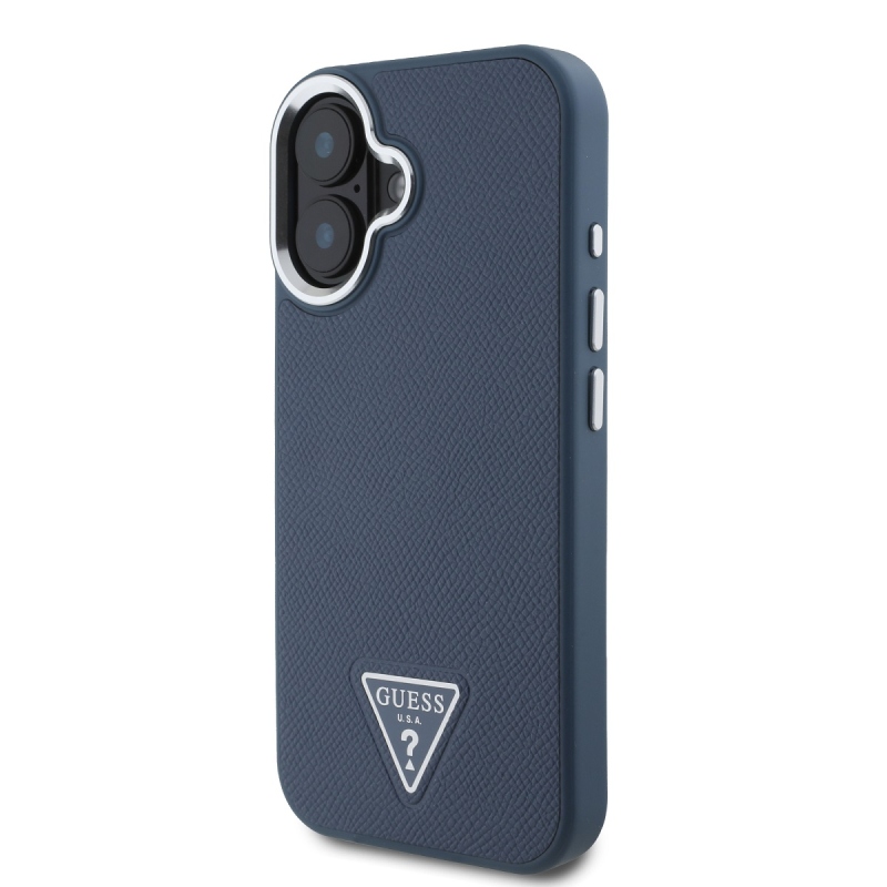 Guess PU szemcsés, háromszög alakú logós hátlap iPhone 16-hoz Kék