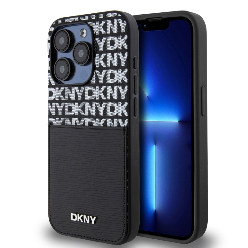 DKNY PU bőr Ismétlődő mintás kártya zseb hátsó borító iPhone 14 Pro Max-hoz Fekete