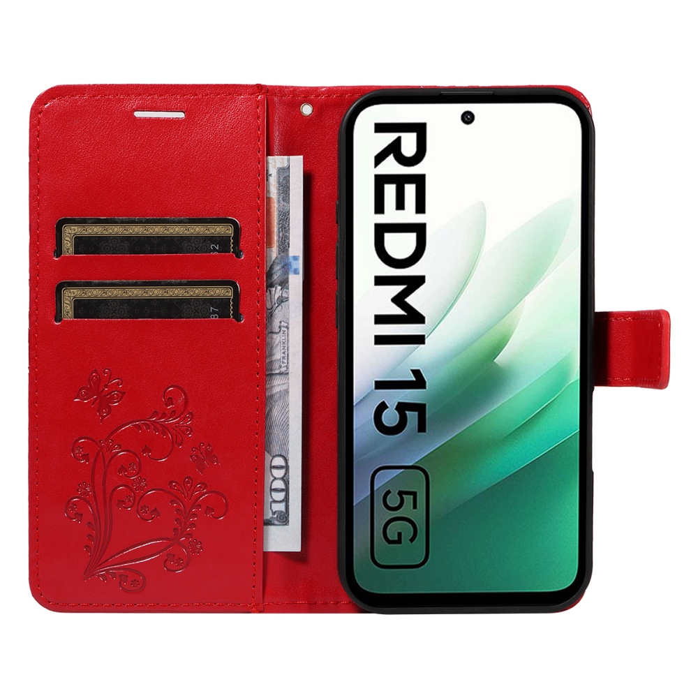 Nagy pillangó könyv tok Xiaomi Redmi 15 4G (171mm) - piros