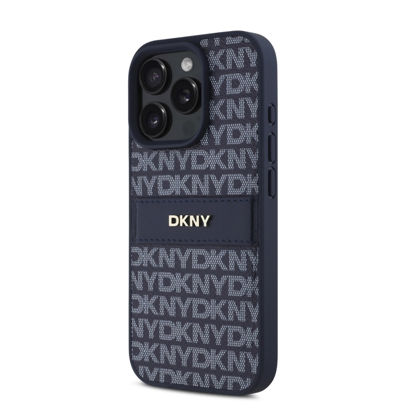 DKNY PU bőr ismétlődő mintás tonális csíkos hátlapi borító iPhone 16 Pro Max kékhez
