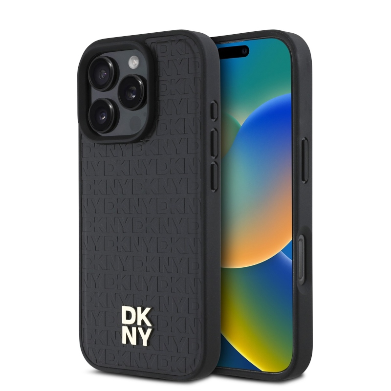 DKNY PU bőr Ismétlődő mintás Stack Logo MagSafe hátlap iPhone 16 Pro Fekete