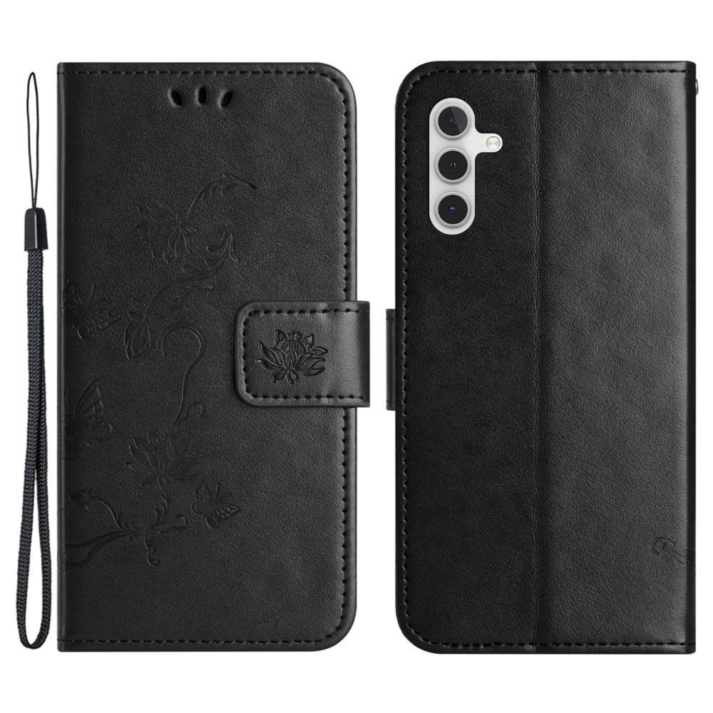 Virágos könyvtáska Samsung Galaxy S24 FE készülékhez - fekete