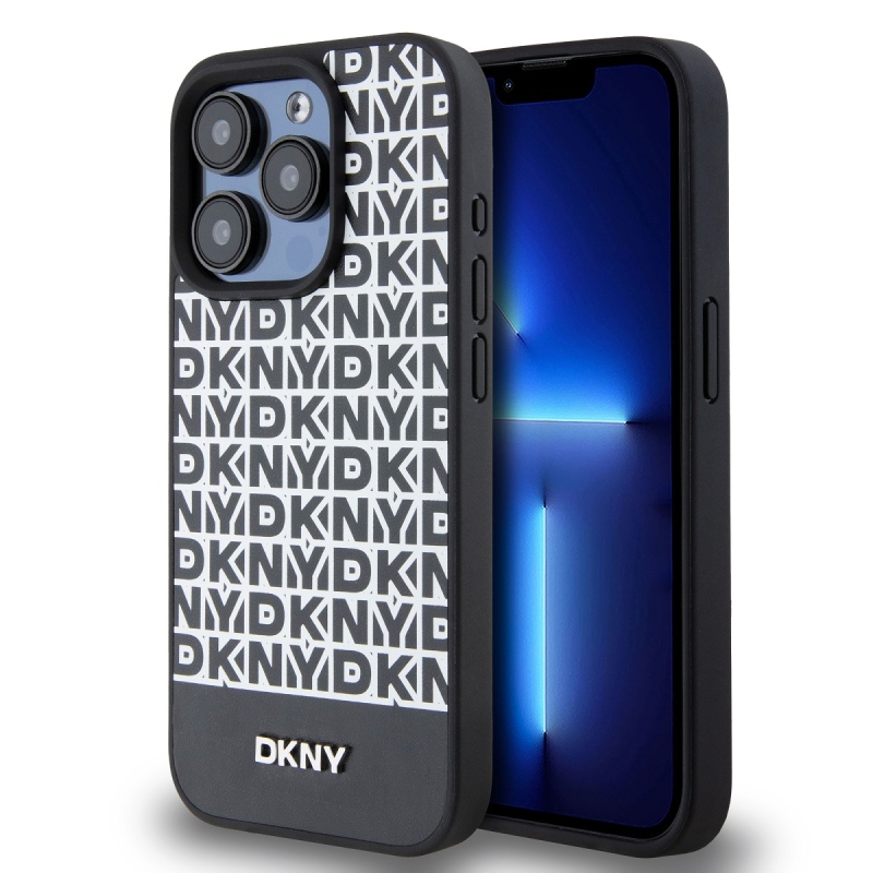 DKNY PU bőr ismétlődő mintás alsó csíkos MagSafe hátlap iPhone 12/12 Pro Fekete