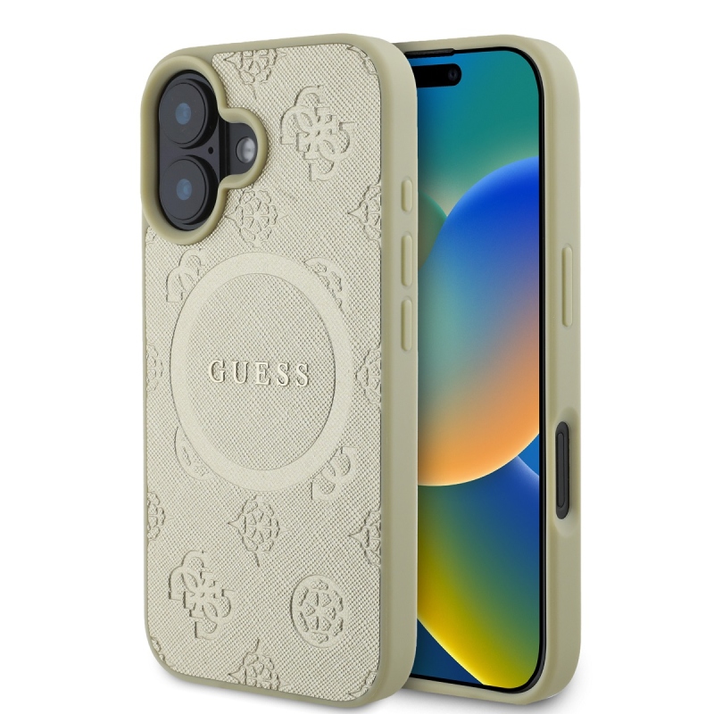 Guess Saffiano Peony Stamp MagSafe hátlap iPhone 16-hoz Arany