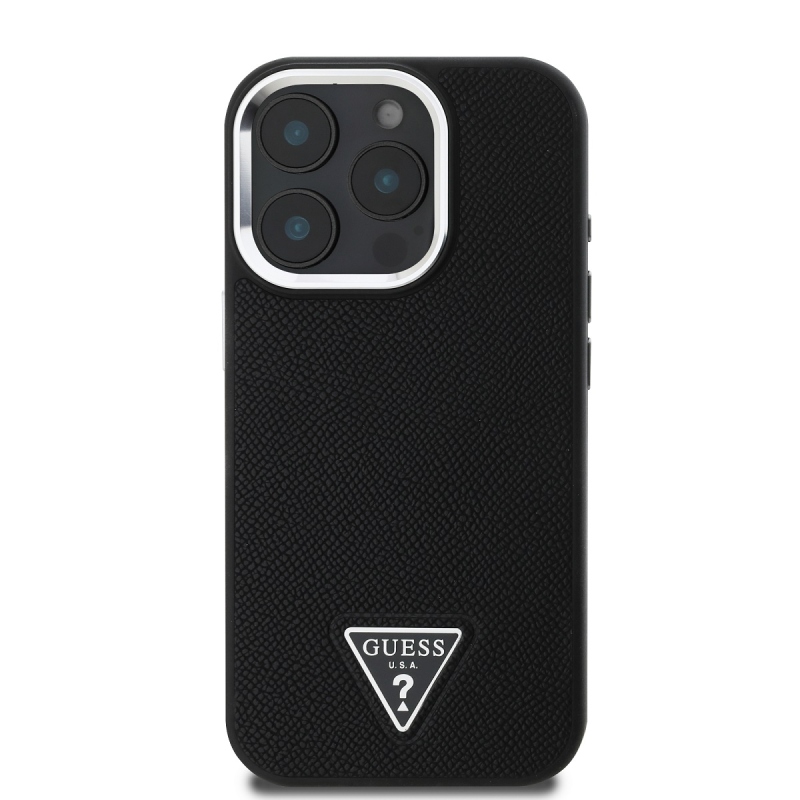 Guess PU szemcsés, háromszög alakú logós hátlap iPhone 16 Pro Fekete