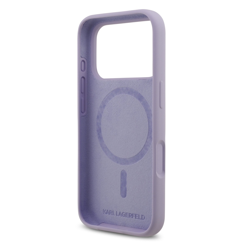Karl Lagerfeld folyékony szilikon Karl és Choupette MagSafe hátlapi borító iPhone 17 Pro lilához