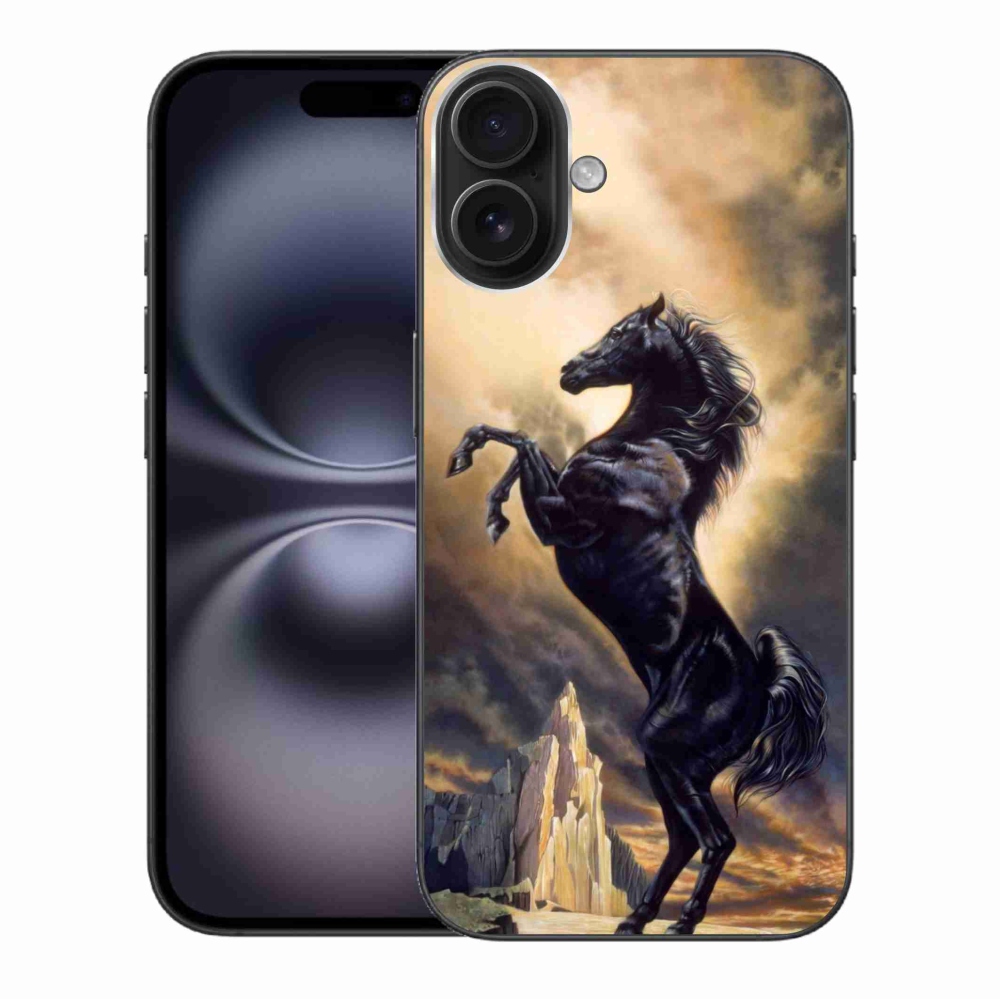 Zselés borítás mmCase iPhone 16 Plus készülékhez - fekete rajzfilm ló