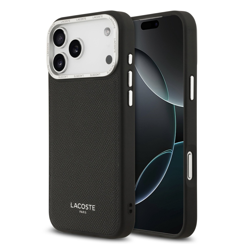 Lacoste PU bőr Champs Elysees MagSafe hátlap iPhone 17 Pro Max-hoz Fekete