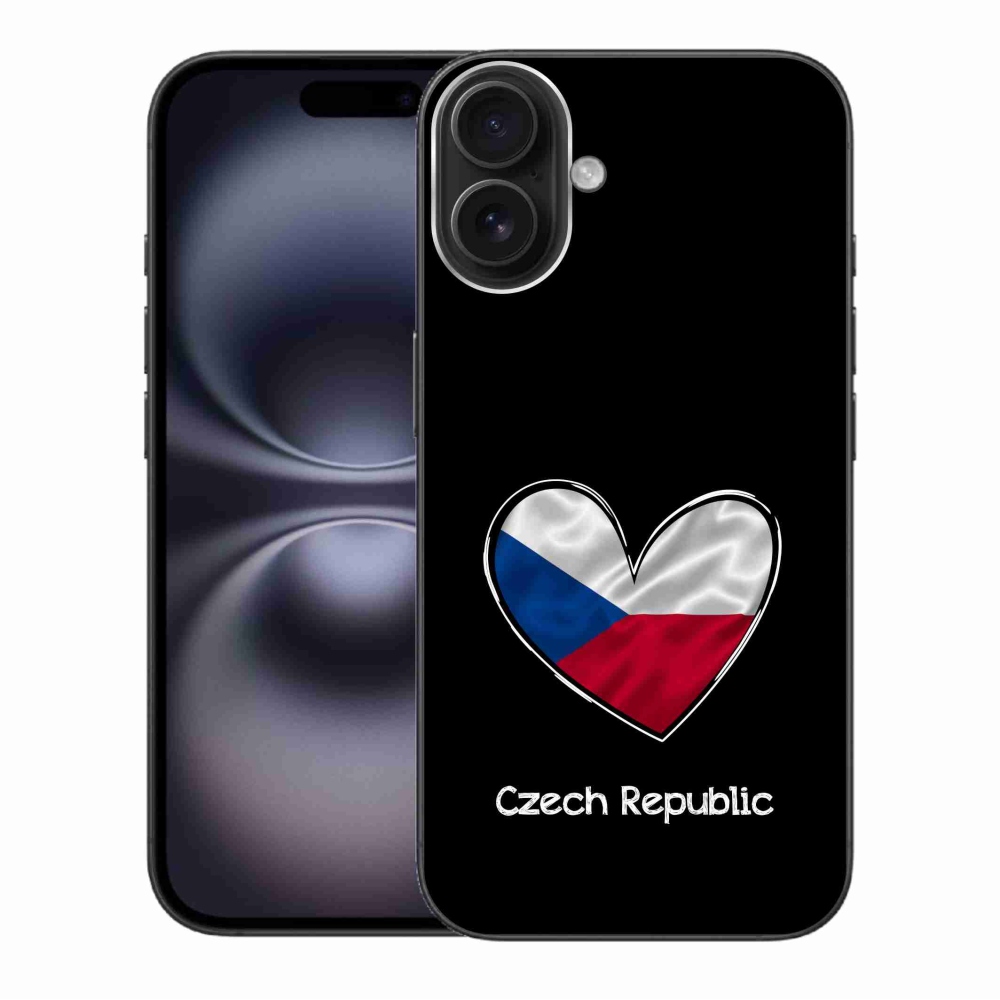 Zselés borítás mmCase iPhone 16 Plus készülékhez - zászlós szív fekete háttérrel